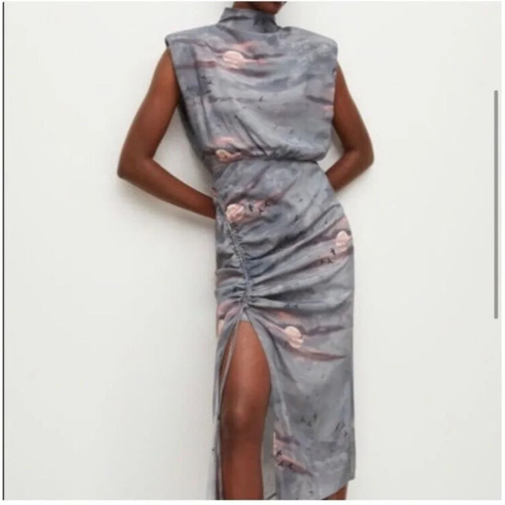 ALLSAINTS Isa Jasumin Dress Blue Satin Mock Neck